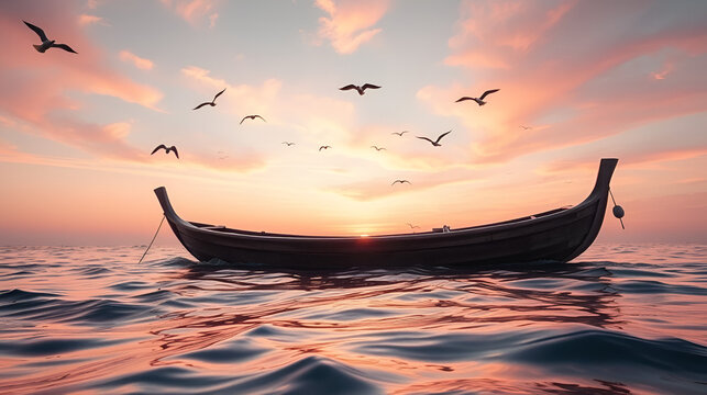 Wooden boat in the sea at sunrise, with birds flying in the pink sky.
