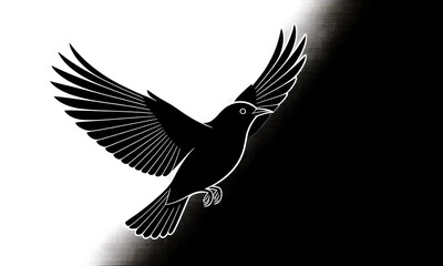 Fototapeta premium Elegant Monochrome Illustration: Bird in Flight Against Contrasting Black and White