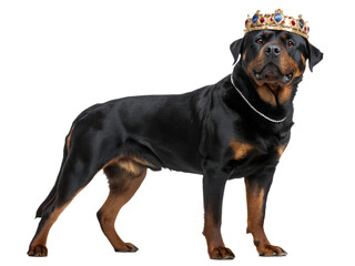 Fototapeta premium Rottweiler with Crown PNG – Powerful Royal Dog, Strong Build, Full Body, Looking into Camera, Transparent Background