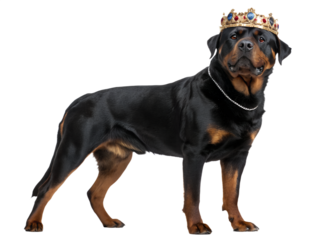 Rottweiler with Crown PNG – Powerful Royal Dog, Strong Build, Full Body, Looking into Camera, Transparent Background