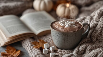 Cozy autumn moment with warm chocolate drink and book