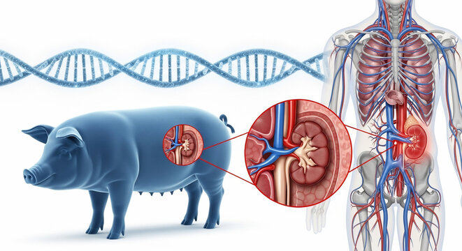 Illustration of a pig and human with dna and kidney diagrams showing organ transplant research