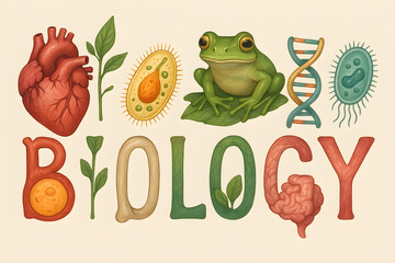 The image is a colorful illustration of various biological elements
