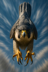 A falcon is flying in the sky with its talons outstretched