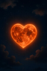 A heart is glowing orange in the night sky
