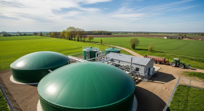 Modern biogas plant with large green tanks and tractor in rural landscape under blue sky