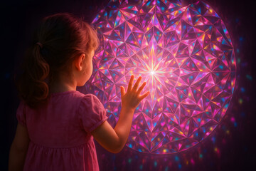 A little girl is looking at a colorful, abstract design
