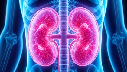 3D medical illustration of human kidneys with detailed structure and blood vessels, highlighted in vibrant colors against a blue anatomical background for educational purposes