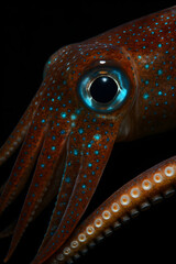 A close up of a squid with blue eyes