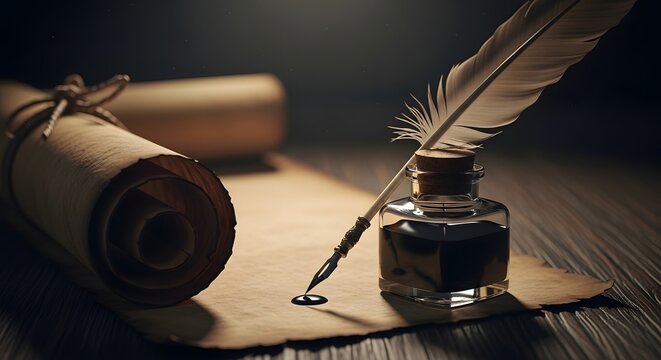 A quill pen rests in an inkwell next to a rolled-up scroll on a wooden surface, evoking a sense of historical writing and documentation.