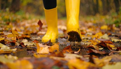 Obraz premium Bright Yellow Boots Splashing Through Autumn Puddles: A Joyful Fall Adventure