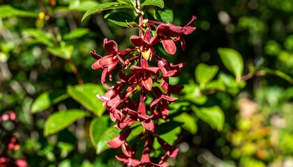Close-up Captivating Dark Red Flowers Blossom with fresh Green Foliage