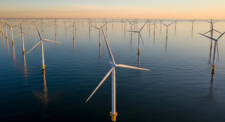 Fototapeta premium Stunning offshore wind farm harnesses clean energy under a serene sunset sky, powering a sustainable future