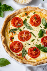 Fresh tomato and basil pizza slice with cheese, cherry tomatoes, and savory herbs