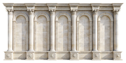 Six classical doric columns with ornate capitals isolated on a transparent background