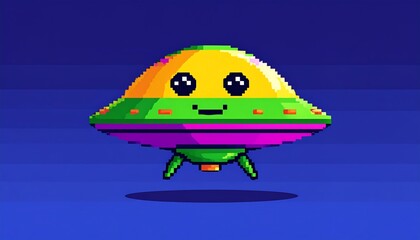 Colorful Pixel Art UFO with a Cute Face Hovering in a Blue Sky
