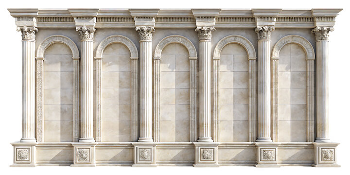 Six classical doric columns with ornate capitals isolated on a transparent background