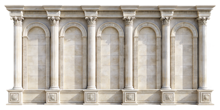 Six classical doric columns with ornate capitals isolated on a transparent background