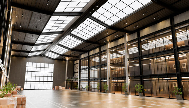 Modern industrial warehouse interior with glass offices and skylights - 3D render