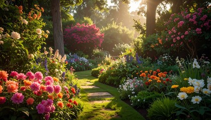 Sunlit garden path amidst vibrant flowers