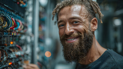 Smiling IT Engineer Working on High-Performance Servrs in Data Center