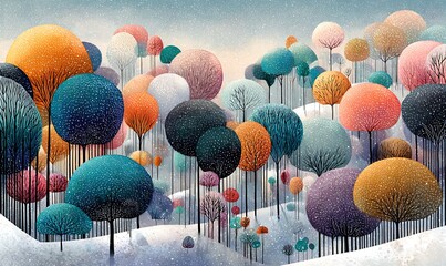 Save to Library Download Preview Preview Crop Find Similar File #: 1384467448 Whimsical Winter Forest Landscape with Colorful Round Trees


