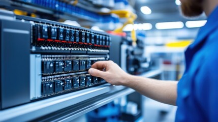 Close-up of Technician Adjusting Control Panel in Modern Industrial Setting