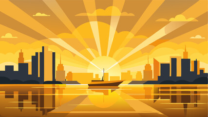 Golden rays of light dance upon the still water creating a picturesque scene of a city harbor at sunrise.