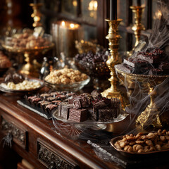 elegant halloween dessert table with dark chocolate treats