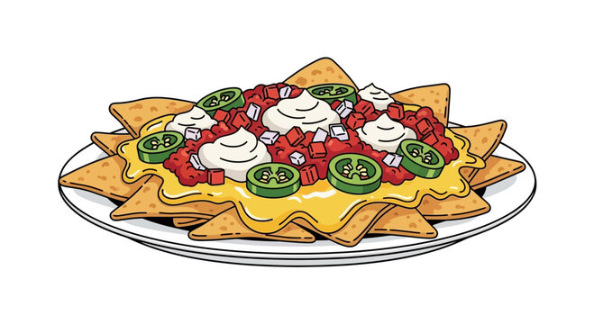 cartoon nachos with cheese, toppings on plate clip art preview