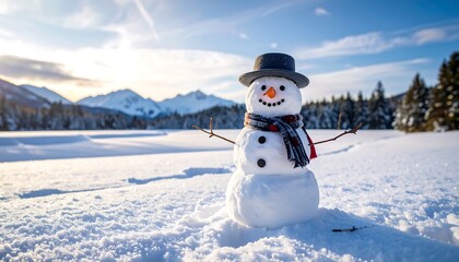 Obraz premium Snowman in snowy landscape at sunset