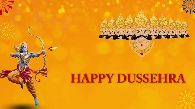 Happy Dussehra minimalistic wishful Illustration style video with themed elements, Ram killing Raavan, Happy Dasara 2025