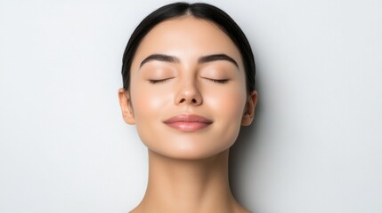 Serene Woman with Closed Eyes and Natural Beauty Against Soft Background