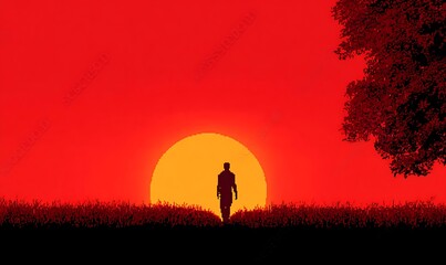
Pixel Art Silhouette of a Man Walking into a Red Sunset