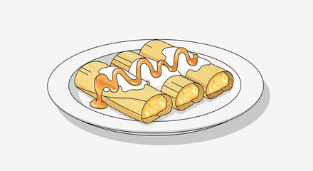Delicious tamales topped with cream and syrup on a white plate drawing