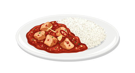 Delicious thai chicken curry with steamed rice served on a white plate