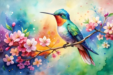 Photo of a vibrant watercolor painting of a colorful hummingbird perched on a branch adorned with delicate pink cherry blossoms, set against a soft, abstract, and dreamy background