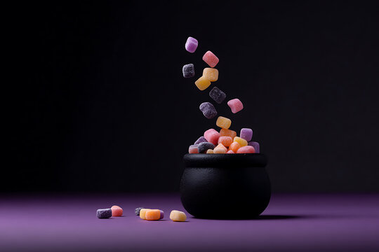 halloween candy magic, colorful candy spilling out of a witchs cauldron in a vibrant display - Powered by Adobe