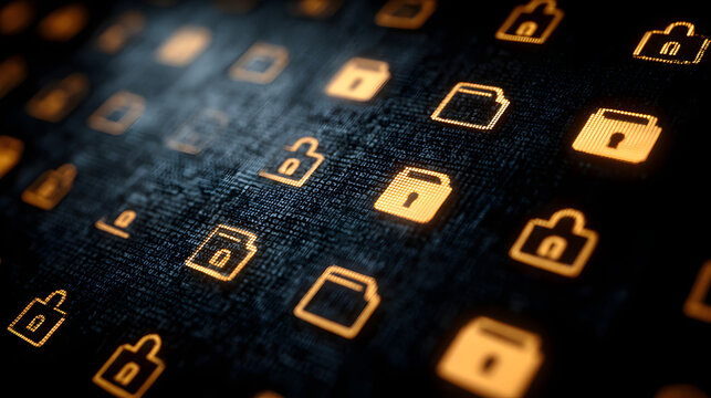 Locked Data Files, screen displaying a series of fil icons lock symbol. Digita interface, secure and encypted data, ethical responibility of safeguarding pesonal information.