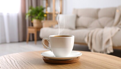 Cozy morning scene: steaming coffee cup on wooden table in a living room