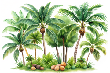 Photo of a vibrant cluster of lush green palm trees with coconuts, surrounded by dense tropical foliage and undergrowth, creating a dense jungle atmosphere isolated on transparent background
