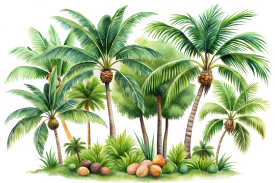 Photo of a vibrant cluster of lush green palm trees with coconuts, surrounded by dense tropical foliage and undergrowth, creating a dense jungle atmosphere isolated on transparent background
