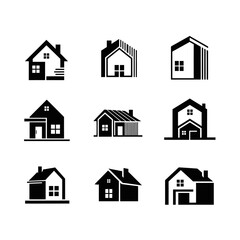 A collection of nine minimalist black and white house icons, each with a unique architectural design.