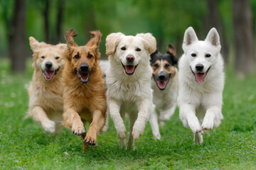 group of playful dogs running freely in lush green park their joyful energy captured in motion