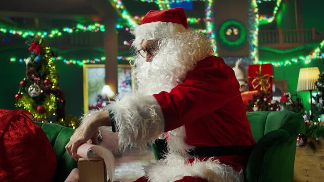 Santa Claus using wrapping paper to make presents after finishing list of kids who has been nice. Person packing gifts, preparing to travel all over the world and visit children, camera A close up
