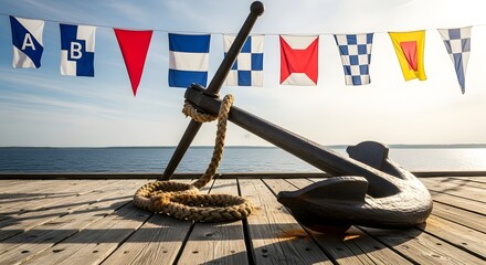 Large anchor with rope on a wooden pier under a clear sky, with colorful nautical signal flags strung above the calm sea. © Fdl Studio99