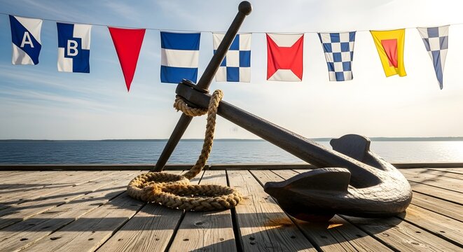 Large anchor with rope on a wooden pier under a clear sky, with colorful nautical signal flags strung above the calm sea.
