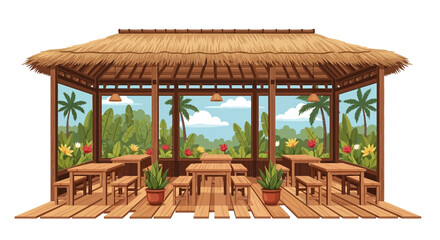 Charming tropical gazebo with thatched roof surrounded by lush greenery