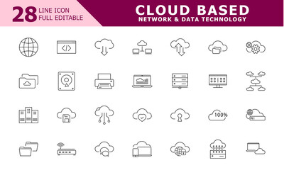 Comprehensive Thin Line Vector Icons with Editable Strokes for Cloud Computing, Advanced Technology, Robust Infrastructure, and Big Data Solutions