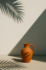 A large orange vase sits on a white wall, casting a shadow on the ground